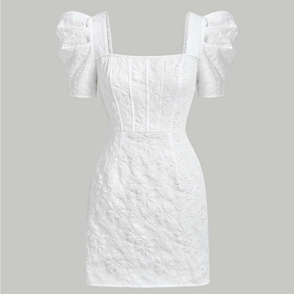 SHEIN MOD Jacquard Square Neck Puff Sleeve Dress (White)